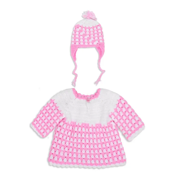 Pink_Full_Sleeves_Frock_Sweater_With_Cap_Crochet_For_Girls