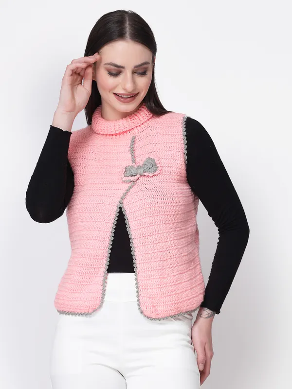 Pink_Self_Design_Collar_Sleeveless_Ribbed_Hem_Cardigan_Shawl_For_Women