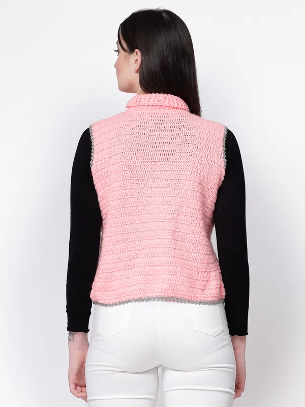 Pink_Self_Design_Collar_Sleeveless_Ribbed_Hem_Cardigan_Shawl_For_Women