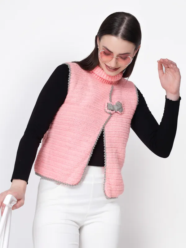 Pink_Self_Design_Collar_Sleeveless_Ribbed_Hem_Cardigan_Shawl_For_Women