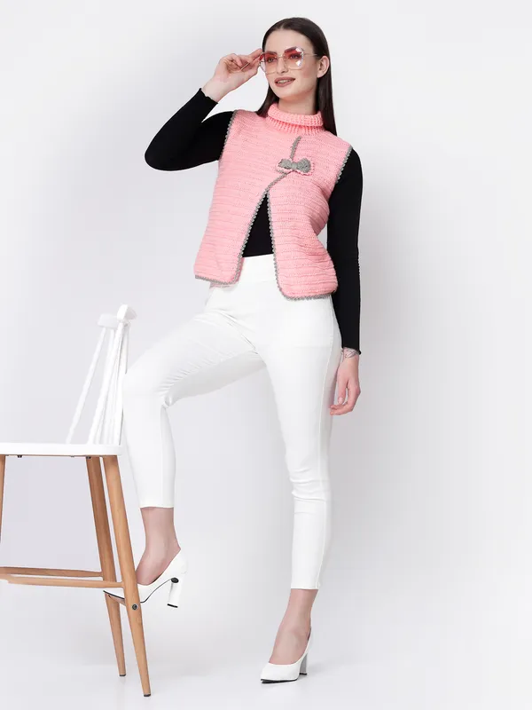 Pink_Self_Design_Collar_Sleeveless_Ribbed_Hem_Cardigan_Shawl_For_Women