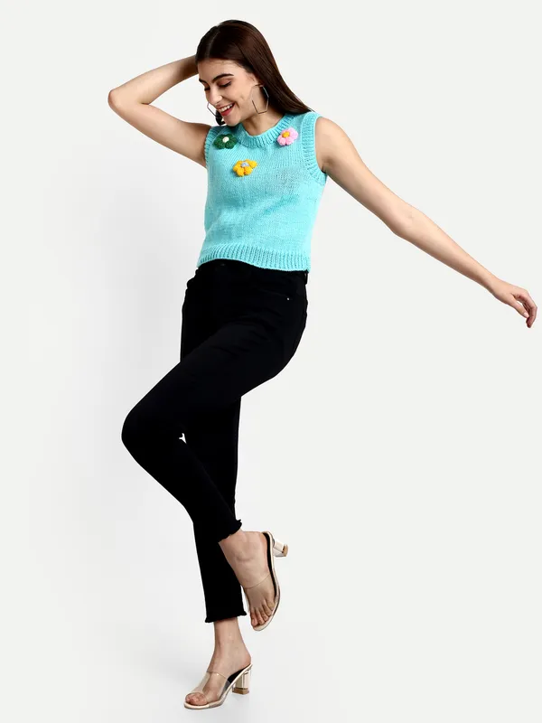 Turquoise_Blue_Self_Design_Round_Neck_Sleeveless_Ribbed_Hem_Sweater_For_Women
