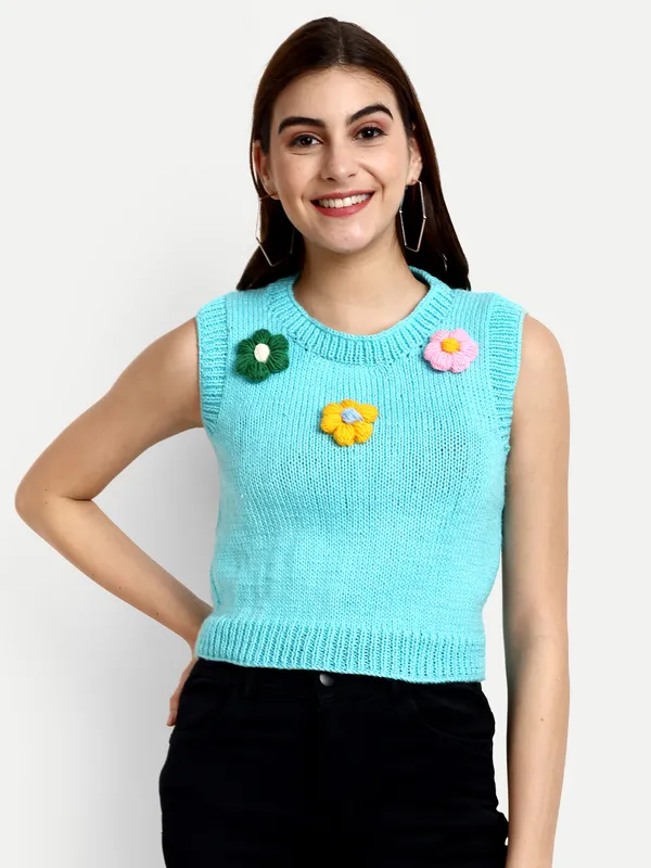 Turquoise_Blue_Self_Design_Round_Neck_Sleeveless_Ribbed_Hem_Sweater_For_Women