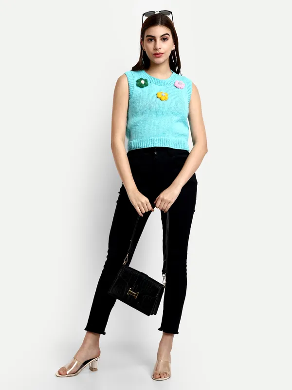 Turquoise_Blue_Self_Design_Round_Neck_Sleeveless_Ribbed_Hem_Sweater_For_Women