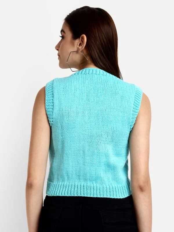 Turquoise_Blue_Self_Design_Round_Neck_Sleeveless_Ribbed_Hem_Sweater_For_Women