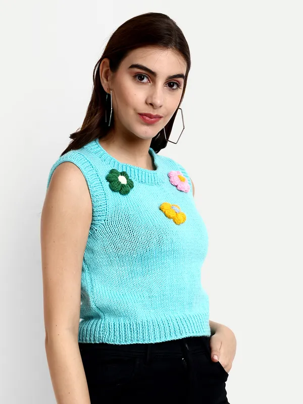 Turquoise_Blue_Self_Design_Round_Neck_Sleeveless_Ribbed_Hem_Sweater_For_Women