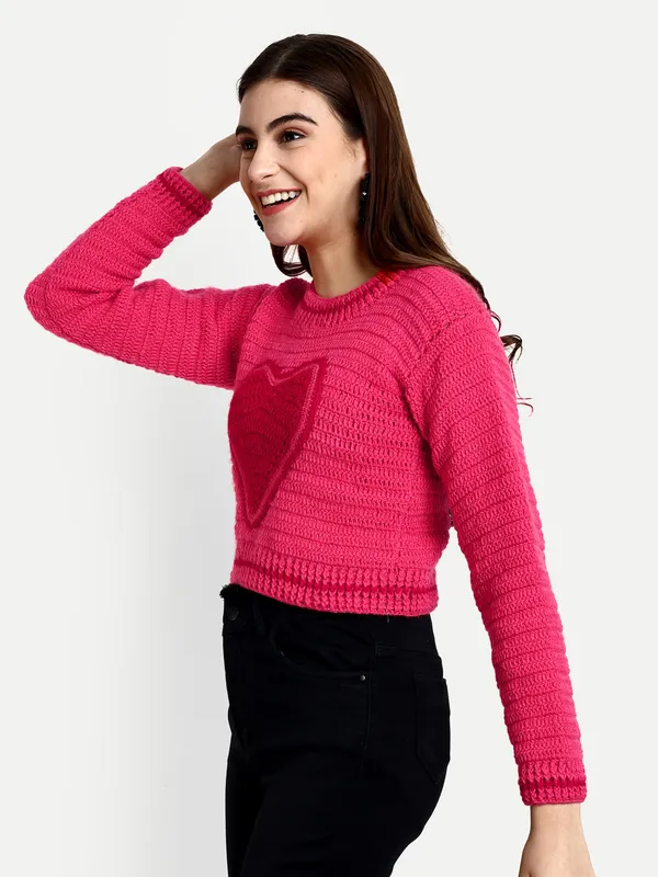 Pink_Pullover_Sweater_For_Women_|_Self_Design_Round_Neck_Long_Sleeves_Ribbed_Hem