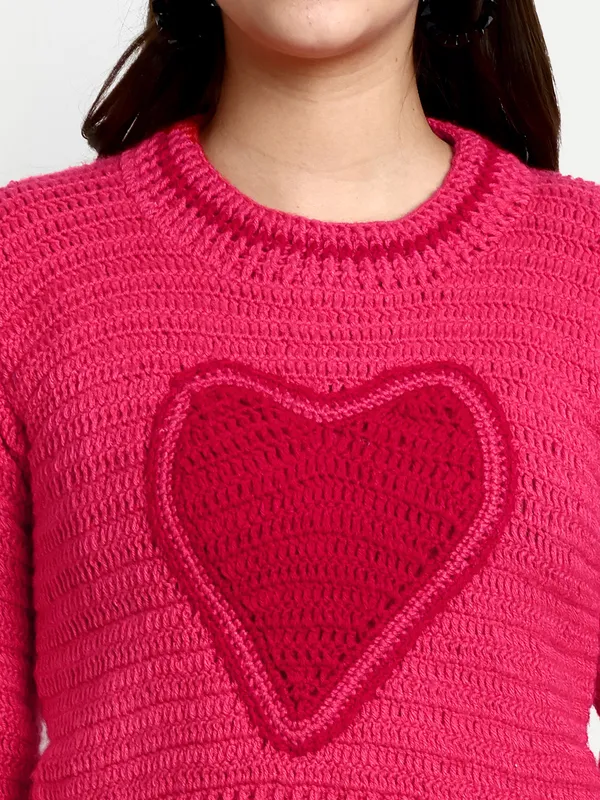 Pink_Pullover_Sweater_For_Women_|_Self_Design_Round_Neck_Long_Sleeves_Ribbed_Hem