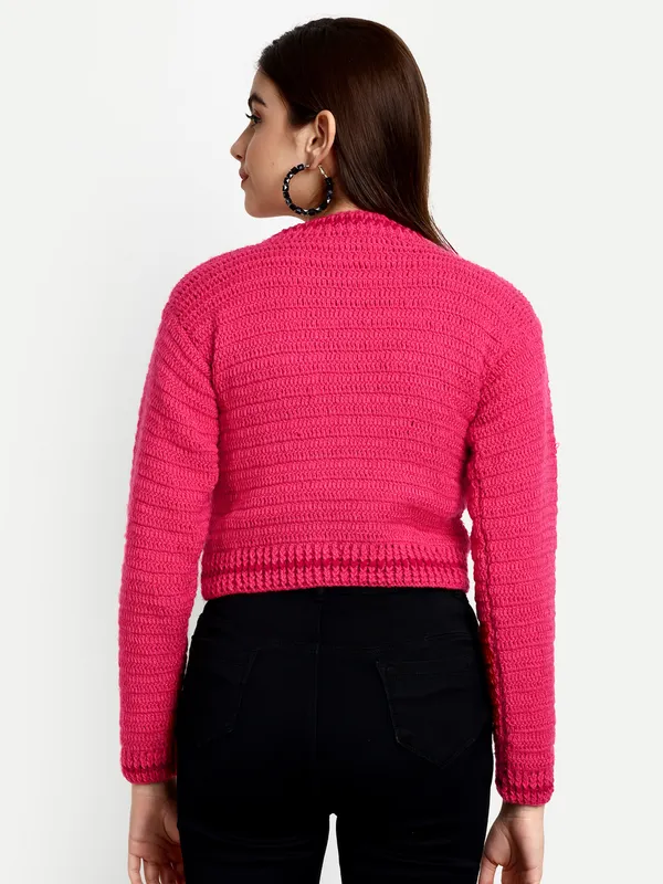 Pink_Pullover_Sweater_For_Women_|_Self_Design_Round_Neck_Long_Sleeves_Ribbed_Hem