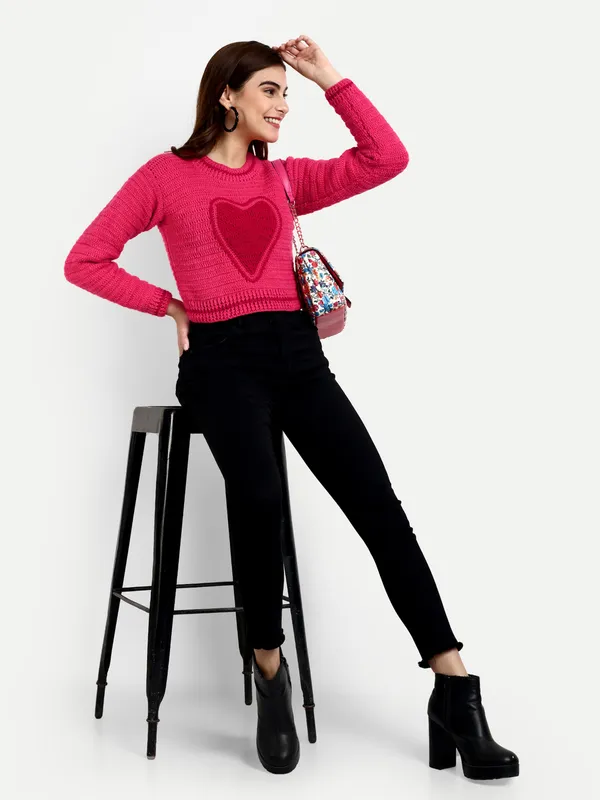 Pink_Pullover_Sweater_For_Women_|_Self_Design_Round_Neck_Long_Sleeves_Ribbed_Hem