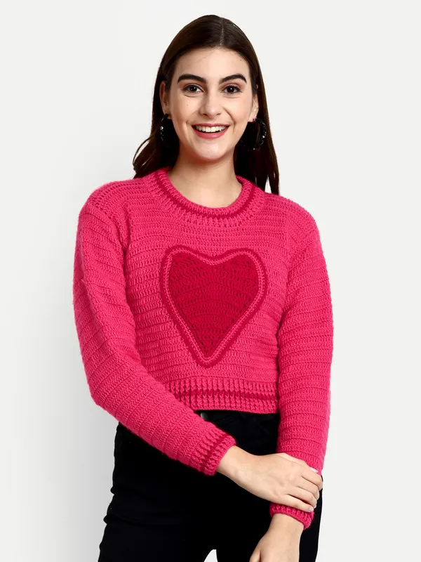 Pink_Pullover_Sweater_For_Women_|_Self_Design_Round_Neck_Long_Sleeves_Ribbed_Hem