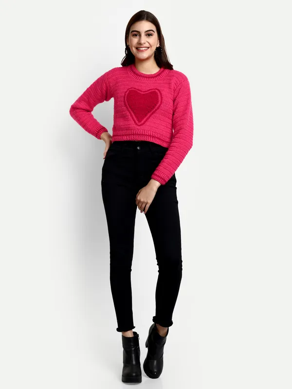 Pink_Pullover_Sweater_For_Women_|_Self_Design_Round_Neck_Long_Sleeves_Ribbed_Hem