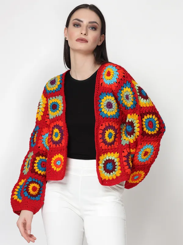Red_Pullover_Sweater_|_Self_Design_Lapel_Collar_Long_Sleeves_Ribbed_Hem_For_Women