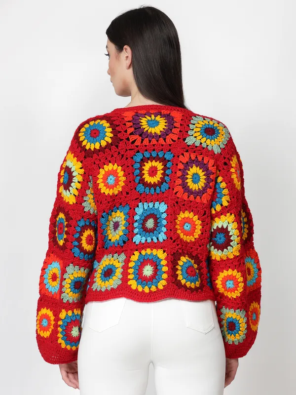 Red_Pullover_Sweater_|_Self_Design_Lapel_Collar_Long_Sleeves_Ribbed_Hem_For_Women