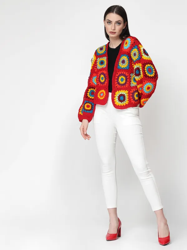Red_Pullover_Sweater_|_Self_Design_Lapel_Collar_Long_Sleeves_Ribbed_Hem_For_Women