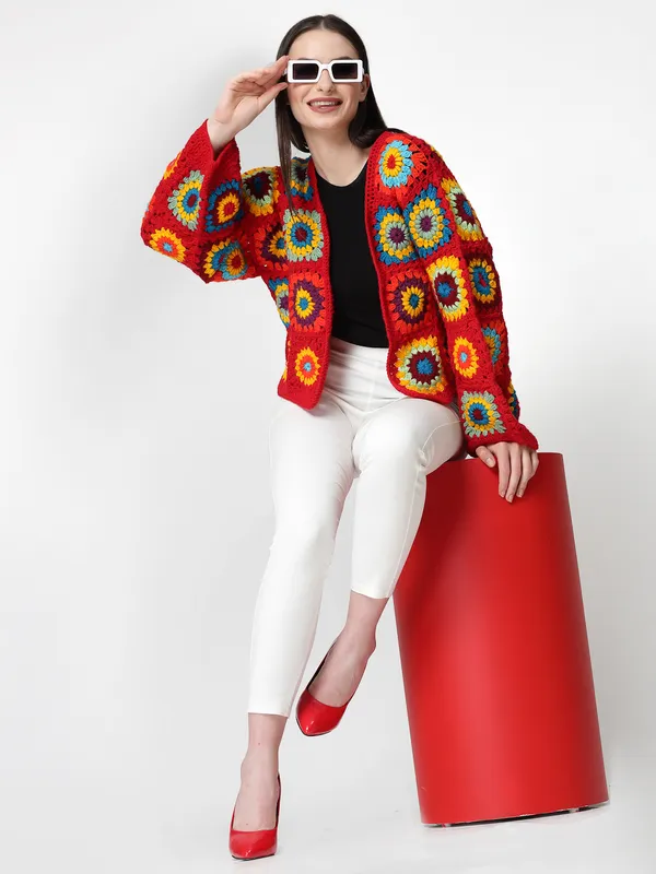 Red_Pullover_Sweater_|_Self_Design_Lapel_Collar_Long_Sleeves_Ribbed_Hem_For_Women