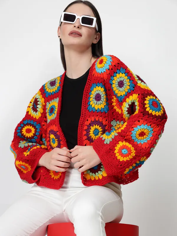 Red_Pullover_Sweater_|_Self_Design_Lapel_Collar_Long_Sleeves_Ribbed_Hem_For_Women