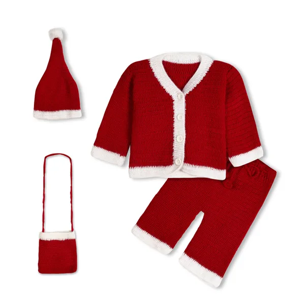 Red_Unisex_Full_Sleeves_Christmas_Santa_Sweater_With_Pajama_Dress_Bag_And_Cap_Crochet_For_Kids