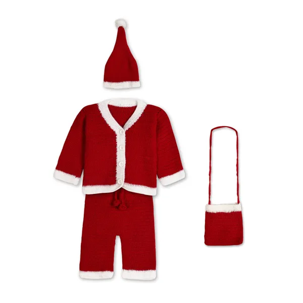 Red_Unisex_Full_Sleeves_Christmas_Santa_Sweater_With_Pajama_Dress_Bag_And_Cap_Crochet_For_Kids