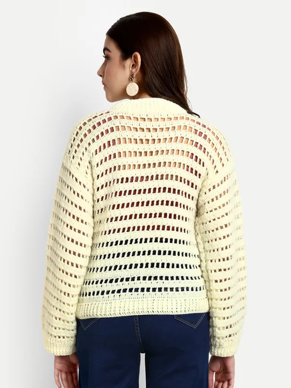 Cream_Sweater_For_Women_|_Self_Design_Mock_Collar_Long_Sleeves_Ribbed_Hem