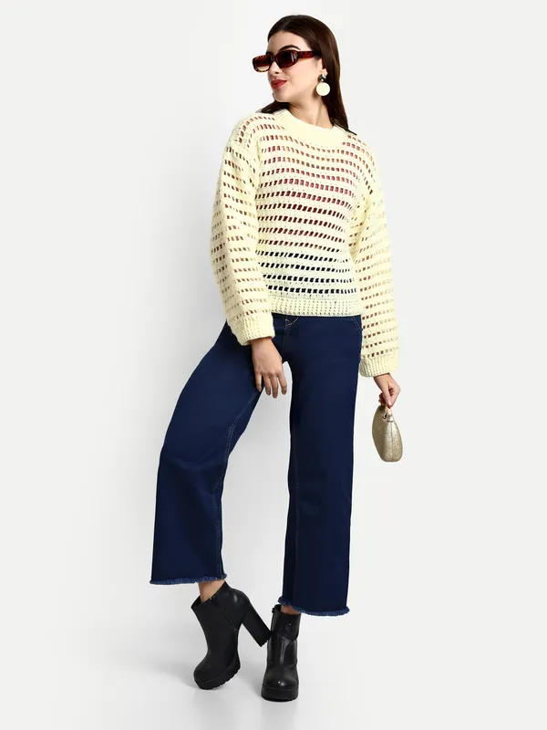 Cream_Sweater_For_Women_|_Self_Design_Mock_Collar_Long_Sleeves_Ribbed_Hem