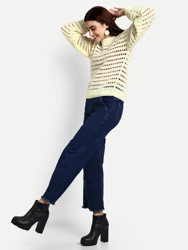 Cream_Sweater_For_Women_|_Self_Design_Mock_Collar_Long_Sleeves_Ribbed_Hem
