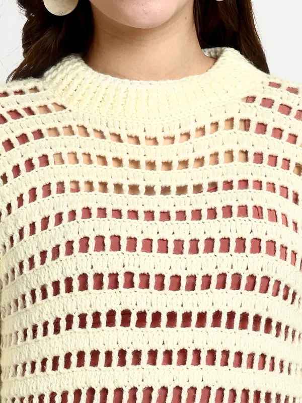 Cream_Sweater_For_Women_|_Self_Design_Mock_Collar_Long_Sleeves_Ribbed_Hem
