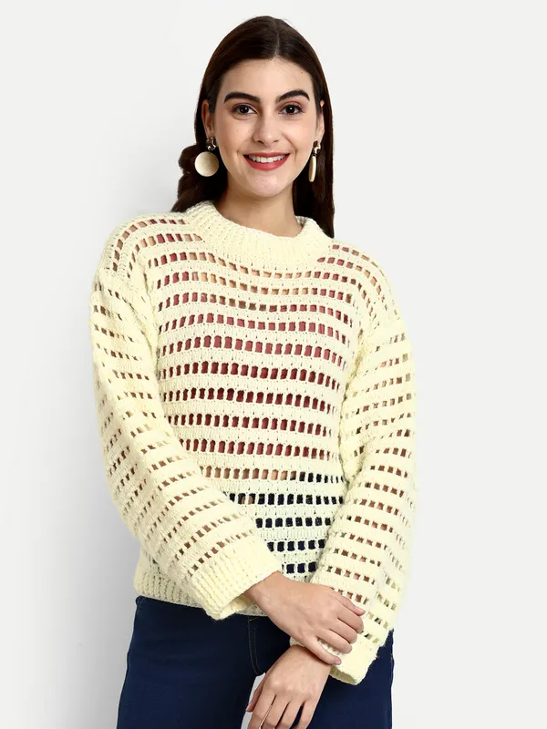 Cream_Sweater_For_Women_|_Self_Design_Mock_Collar_Long_Sleeves_Ribbed_Hem