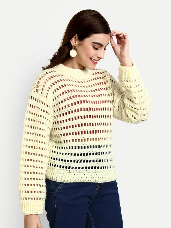 Cream_Sweater_For_Women_|_Self_Design_Mock_Collar_Long_Sleeves_Ribbed_Hem