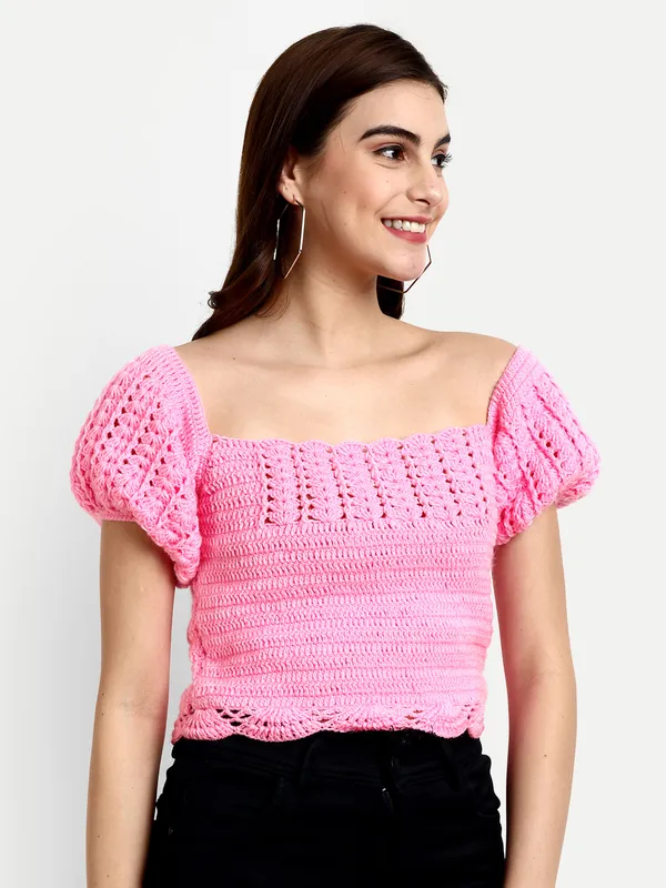 Pink_Crop_Top_For_Women_|_Self_Design_Round_Neck_Long_Sleeves_Ribbed_Hem