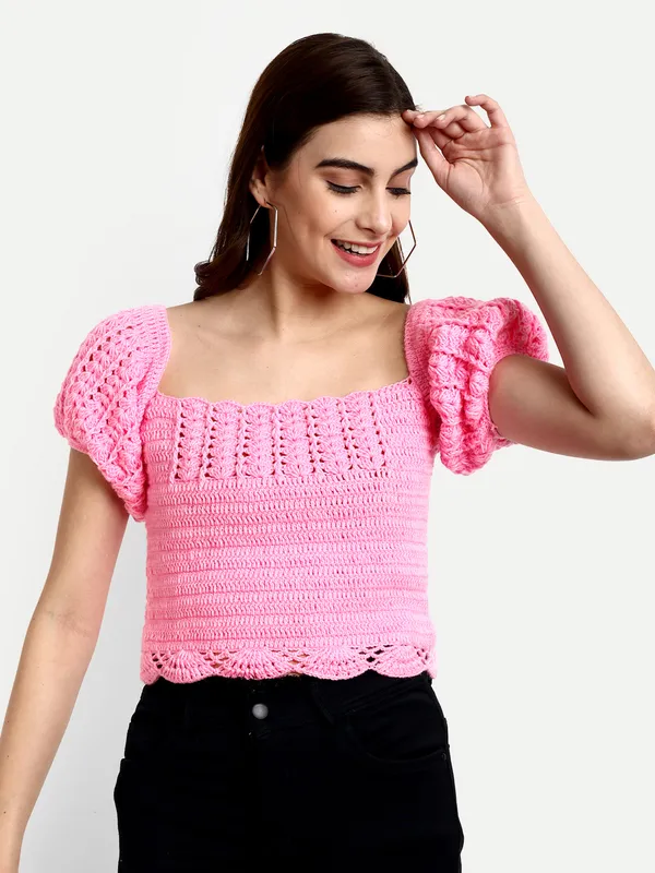 Pink_Crop_Top_For_Women_|_Self_Design_Round_Neck_Long_Sleeves_Ribbed_Hem