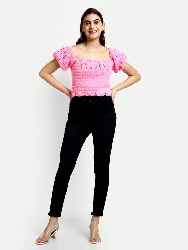 Pink_Crop_Top_For_Women_|_Self_Design_Round_Neck_Long_Sleeves_Ribbed_Hem