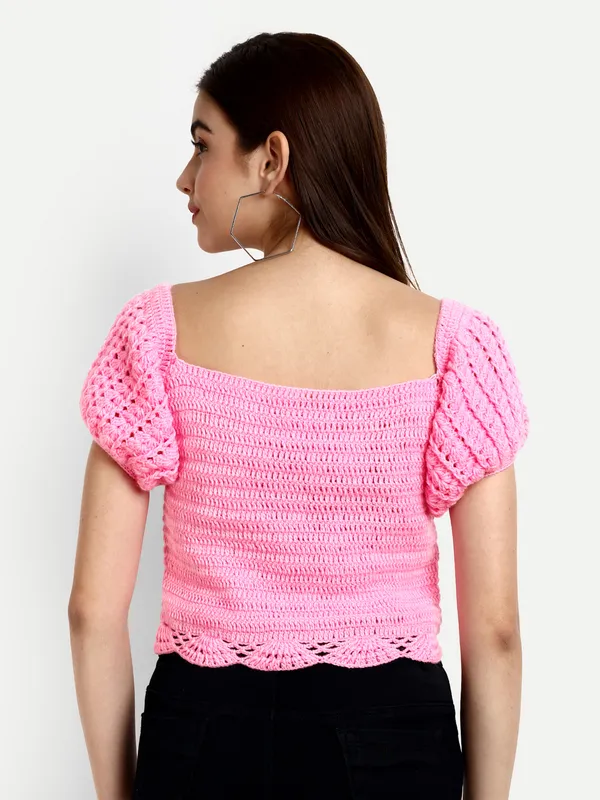 Pink_Crop_Top_For_Women_|_Self_Design_Round_Neck_Long_Sleeves_Ribbed_Hem