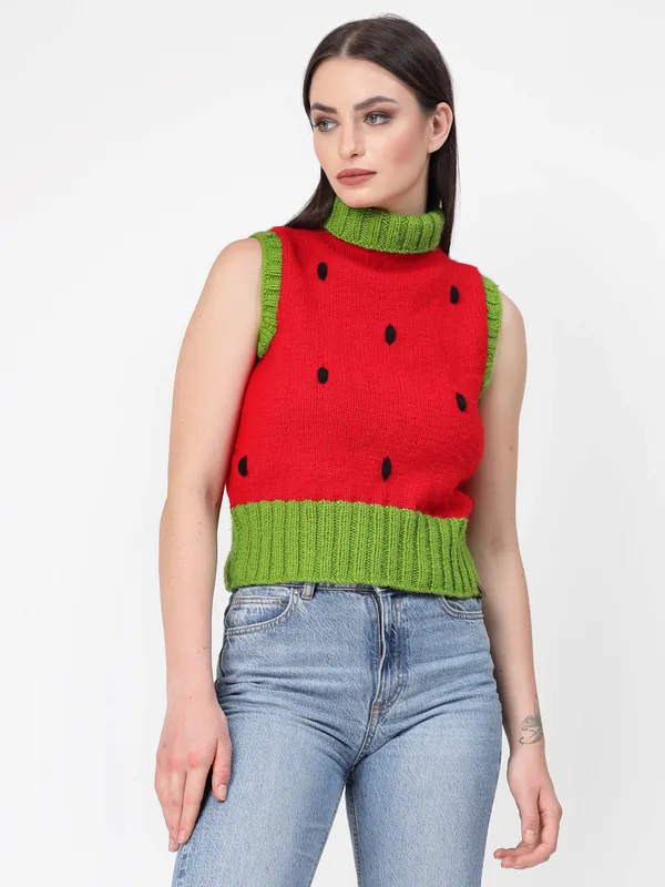 Red_Ribbed_Turtle_Neck_Sleeveless_Ribbed_Hem_Sweater_For_Women