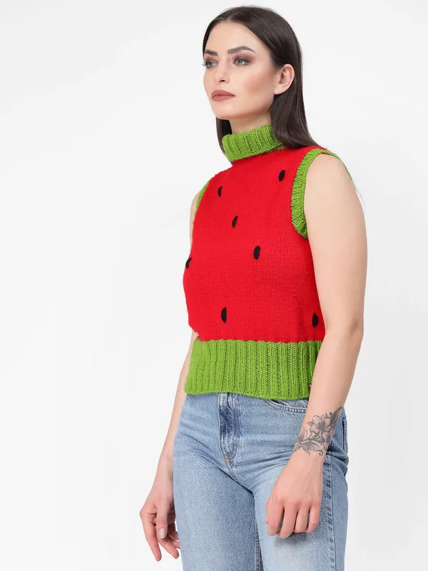 Red_Ribbed_Turtle_Neck_Sleeveless_Ribbed_Hem_Sweater_For_Women