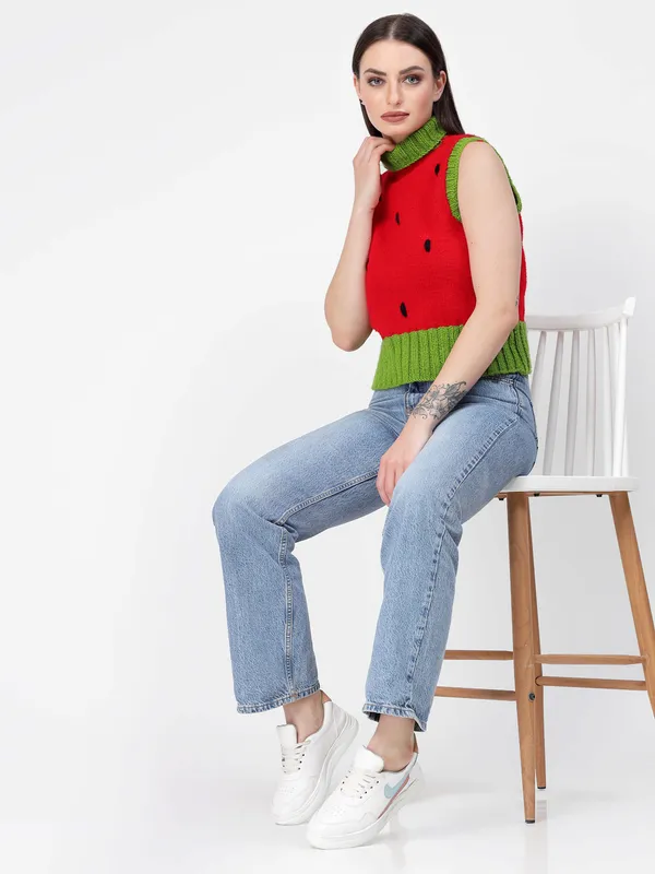 Red_Ribbed_Turtle_Neck_Sleeveless_Ribbed_Hem_Sweater_For_Women