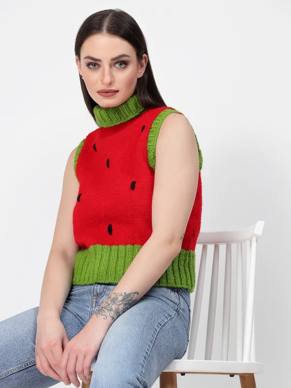 Red_Ribbed_Turtle_Neck_Sleeveless_Ribbed_Hem_Sweater_For_Women