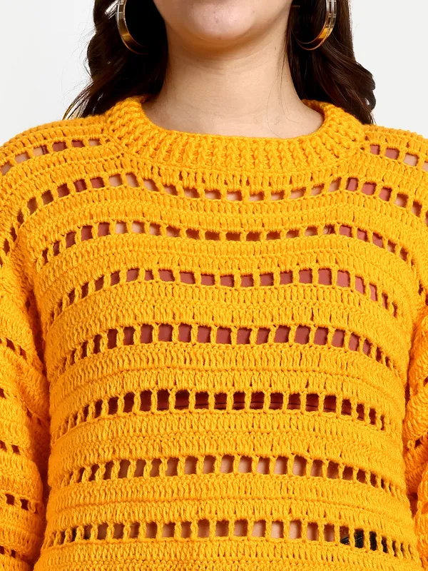 Yellow_Pullover_For_Women_|_Self_Design_Mock_Collar_Long_Sleeves_Ribbed_Hem