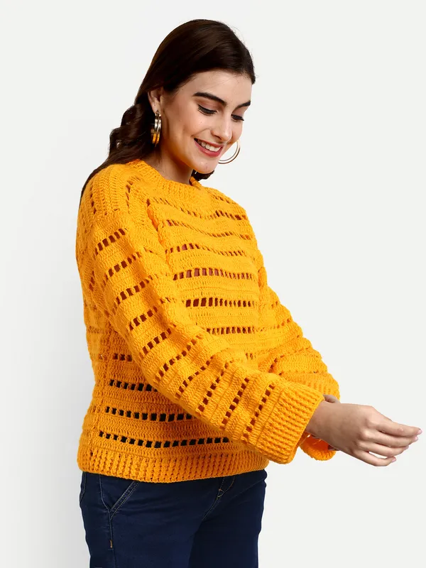 Yellow_Pullover_For_Women_|_Self_Design_Mock_Collar_Long_Sleeves_Ribbed_Hem