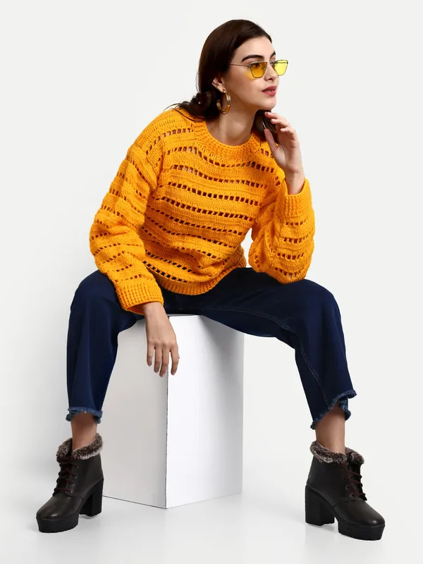 Yellow_Pullover_For_Women_|_Self_Design_Mock_Collar_Long_Sleeves_Ribbed_Hem