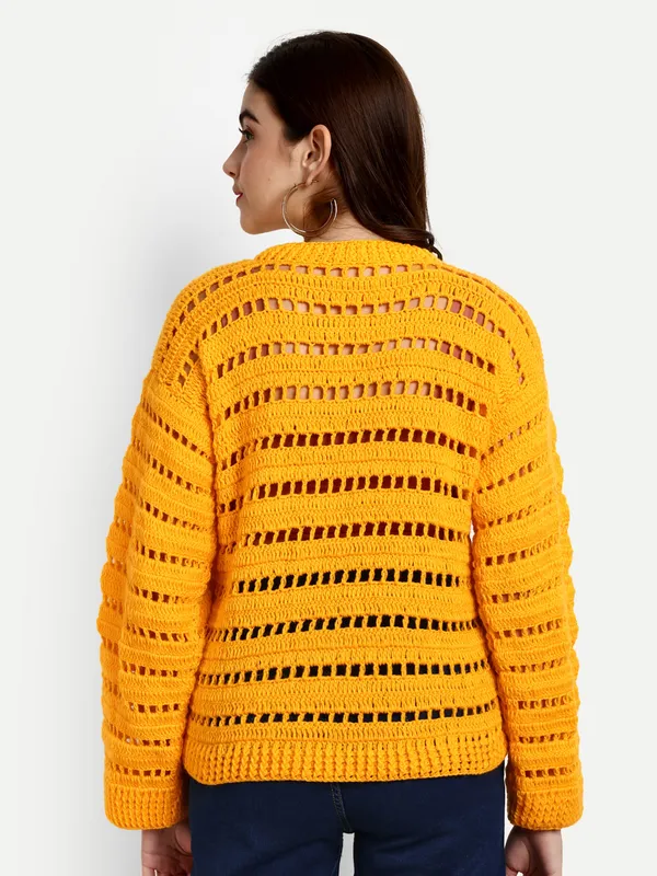 Yellow_Pullover_For_Women_|_Self_Design_Mock_Collar_Long_Sleeves_Ribbed_Hem