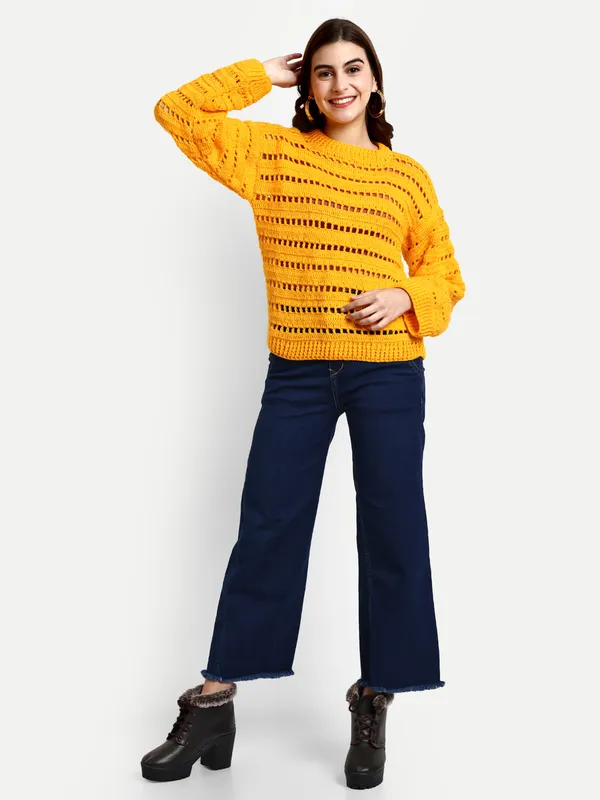 Yellow_Pullover_For_Women_|_Self_Design_Mock_Collar_Long_Sleeves_Ribbed_Hem