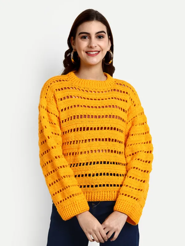 Yellow_Pullover_For_Women_|_Self_Design_Mock_Collar_Long_Sleeves_Ribbed_Hem
