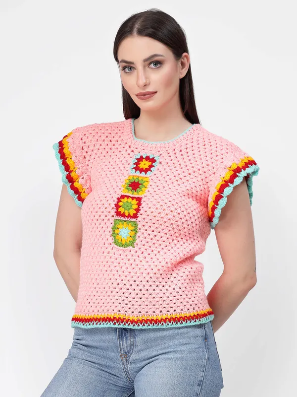 Pink_Self_Design_Round_Neck_Short_Sleeves_Ribbed_Hem_Pullover_For_Women