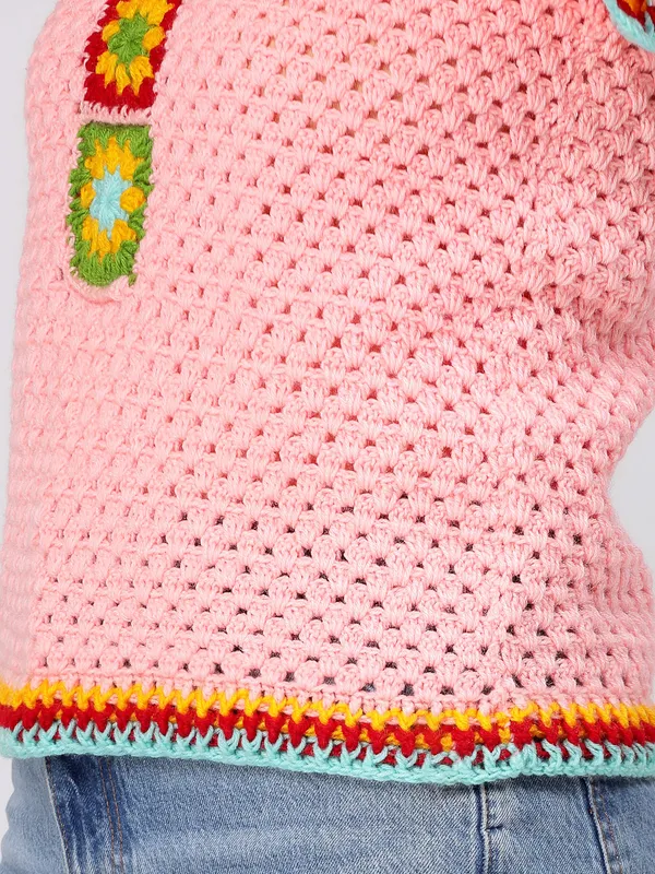 Pink_Self_Design_Round_Neck_Short_Sleeves_Ribbed_Hem_Pullover_For_Women