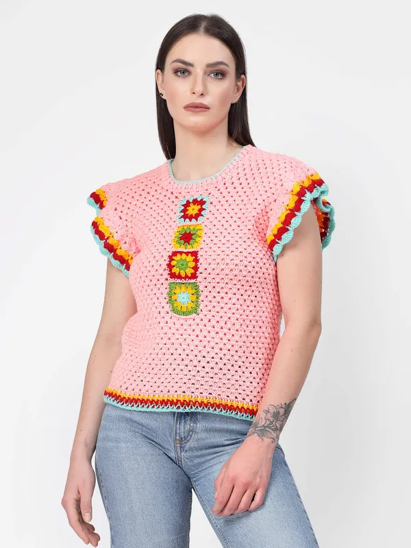Pink_Self_Design_Round_Neck_Short_Sleeves_Ribbed_Hem_Pullover_For_Women