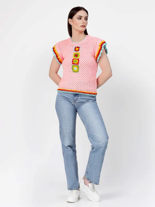 Pink_Self_Design_Round_Neck_Short_Sleeves_Ribbed_Hem_Pullover_For_Women