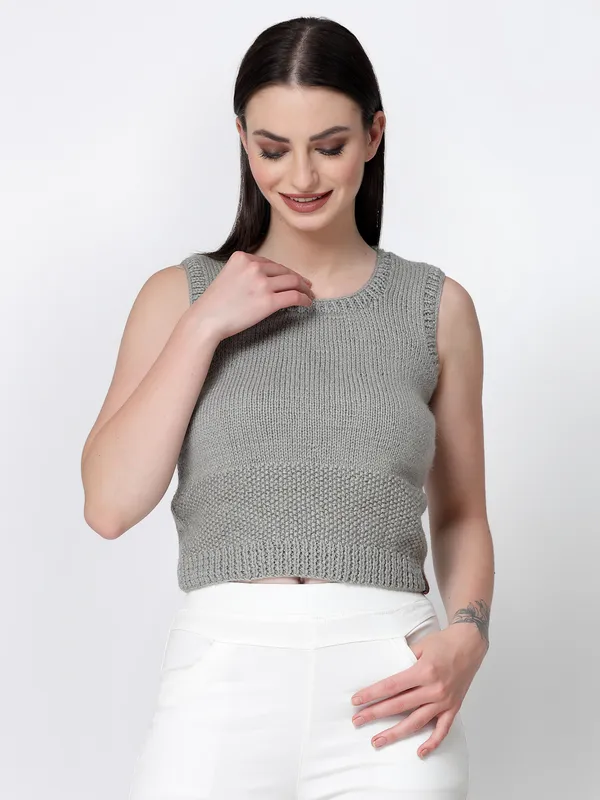 Grey_Self_Design_V-Neck_Sleeveless_Ribbed_Hem_Sweater_For_Women