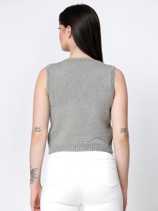 Grey_Self_Design_V-Neck_Sleeveless_Ribbed_Hem_Sweater_For_Women