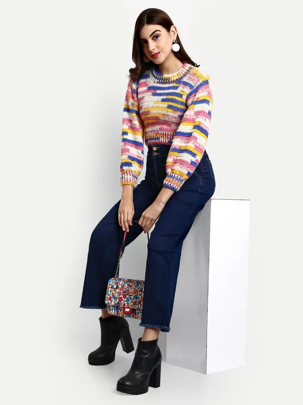 Printed_Pullover_Sweater_For_Women_|_Self_Design_Round_Neck_Long_Sleeves_Ribbed_Hem